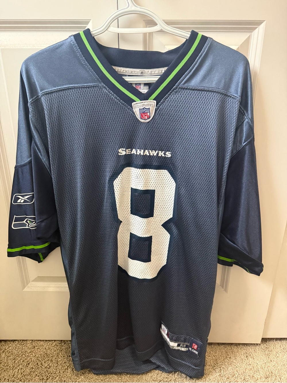 Reebok Seattle Seahawks #8 Navy Blue and White Jersey with Green Trim